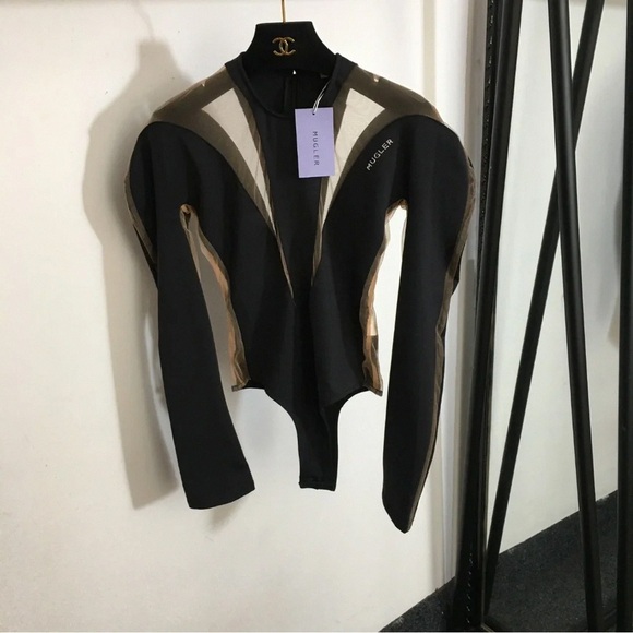 Mugler Tops - Mugler Sheer Mesh Cutout Bodysuit Black Long Sleeve